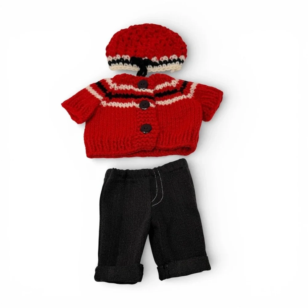 Hand-Knit Doll Outfit: Red Sweater, Beanie, Denim Pants Fits 18